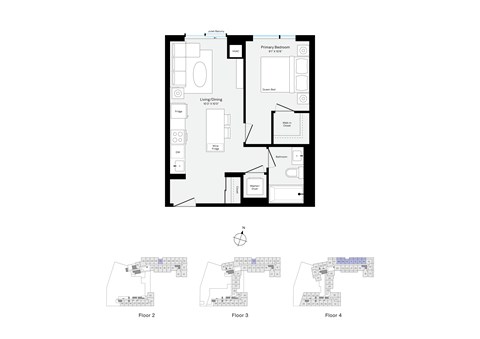 Floor plan for 1 bed, 1 bath, 496 sqft